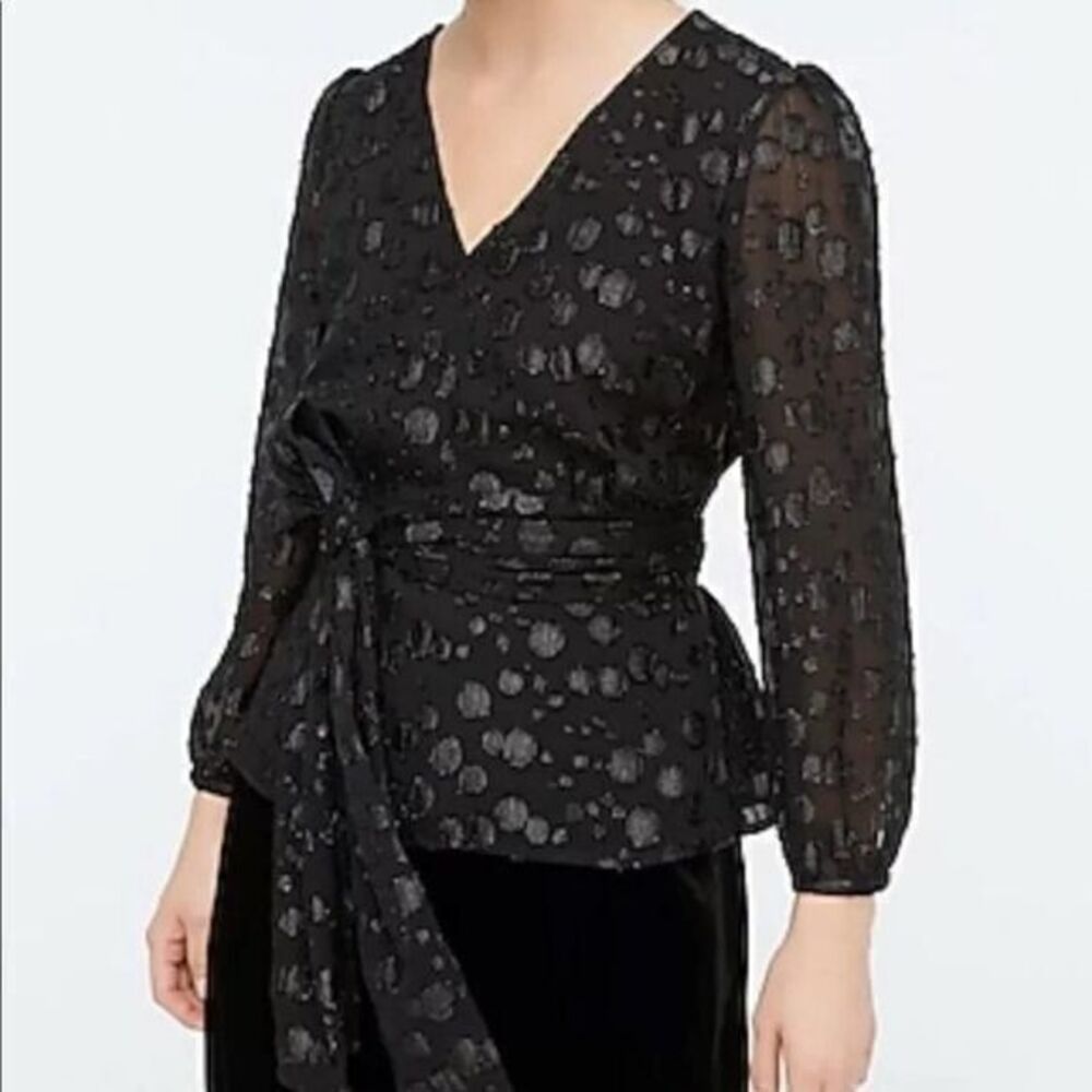 J.CrewTie-waist V-neck Black Top In Dot Jacquard